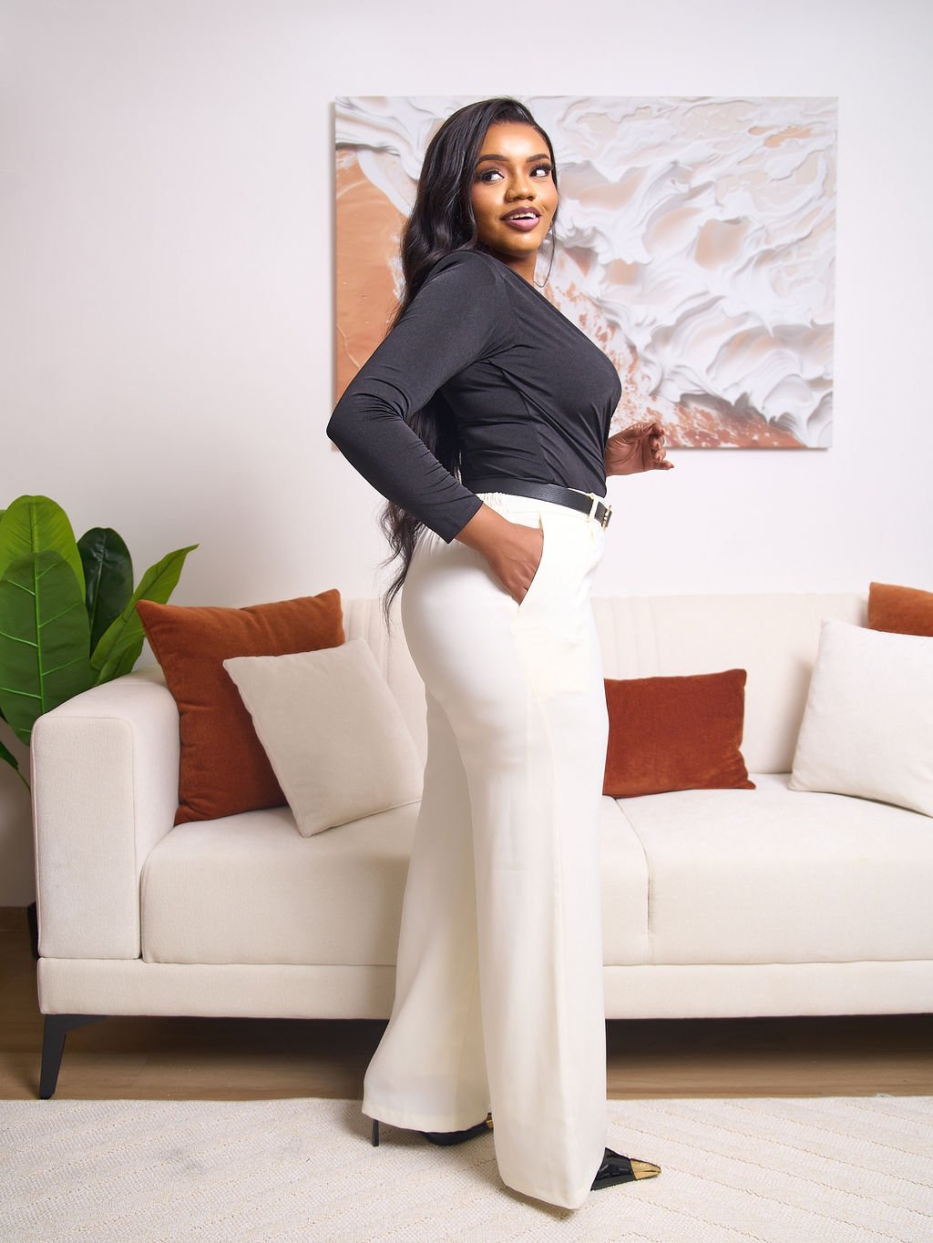 Knife Pleat Palazzo Pants - Cream - Image 5