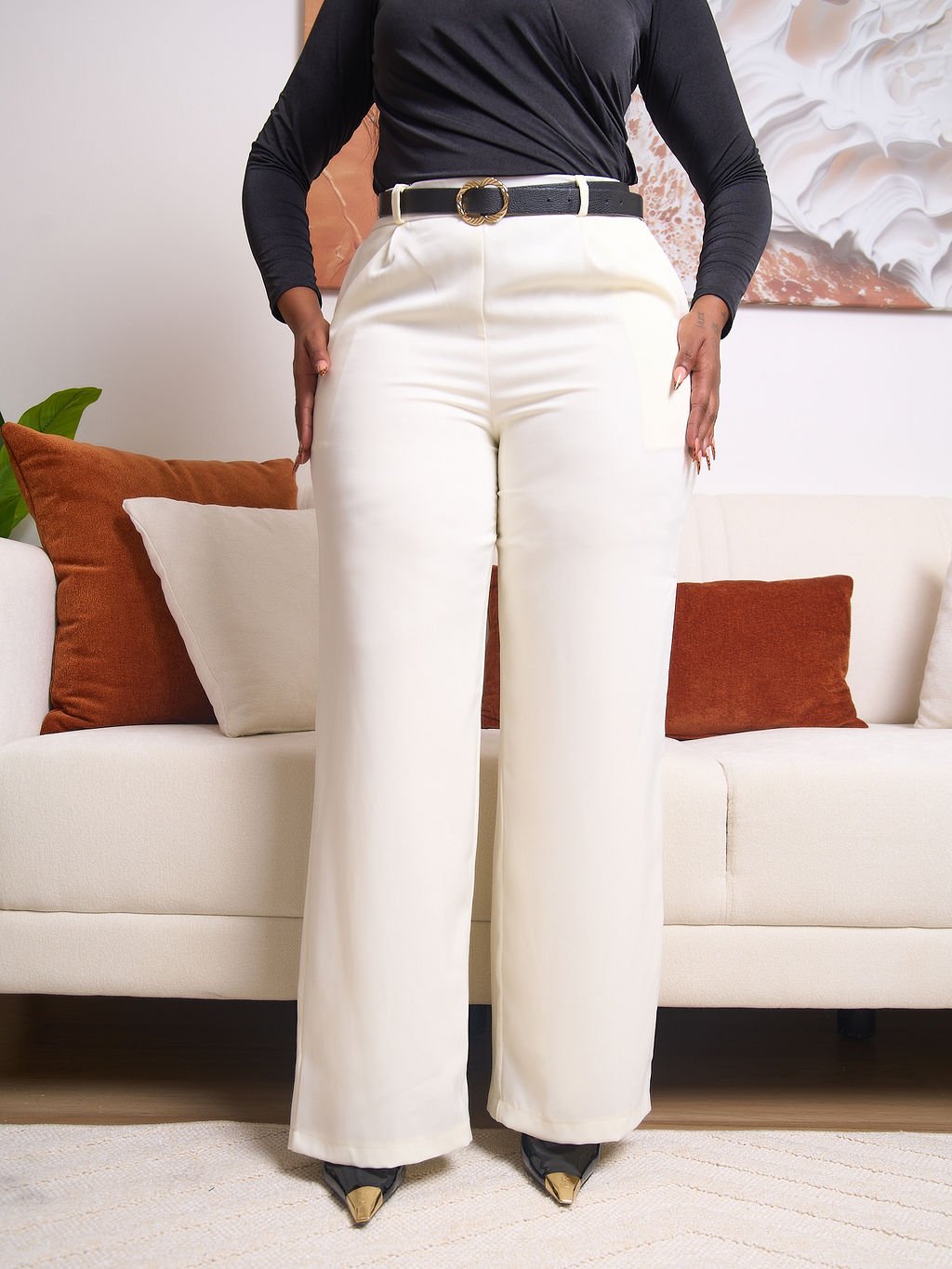 Knife Pleat Palazzo Pants - Cream - Image 2